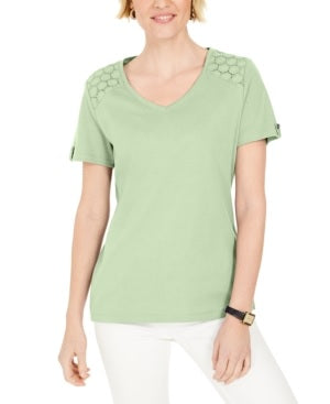 Karen Scott Women's Eyelet-Shoulder V-Neck Top Green Size X-Small