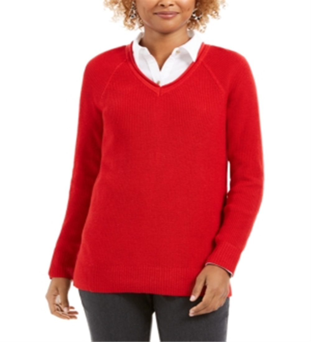 Charter Club Women's Solid Long Sleeve V Neck T-Shirt Top Red Size X-Large
