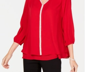 JM Collection Women's Jeweled Tiered-Hem Blouse Red Size Medium