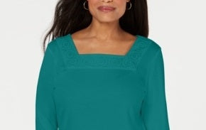 Karen Scott Women's Crochet Square-Neck Top Green Size X-Small