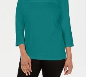 Karen Scott Women's Crochet Square-Neck Top Green Size X-Small