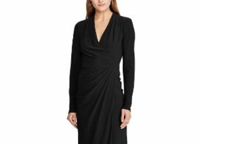 Ralph Lauren Women's Long Sleeve V Neck Midi Sheath Wear To Work Dress Black Size 10