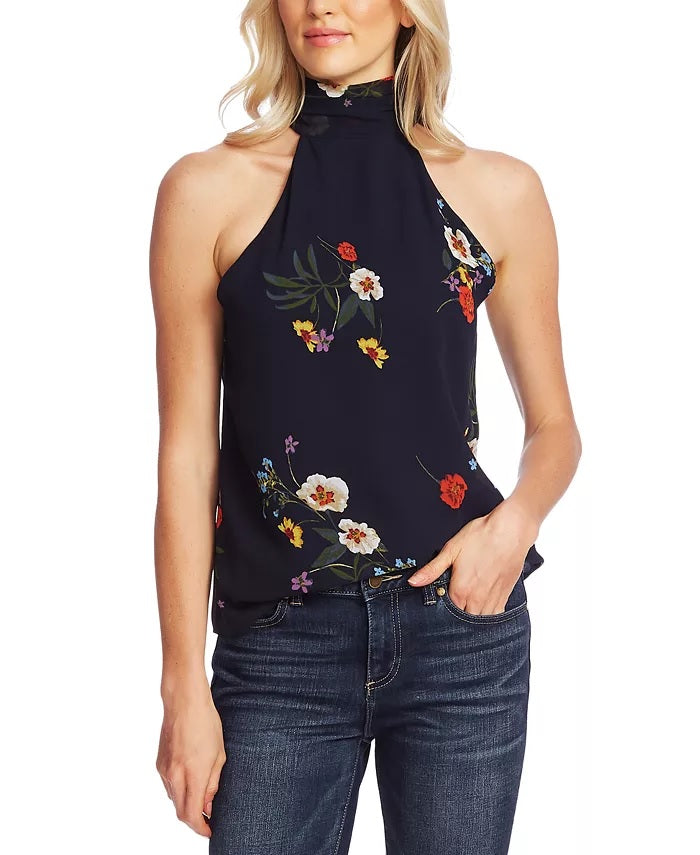 Vince Camuto Women's Floral-Print Mock-Neck Top Blue Size Large