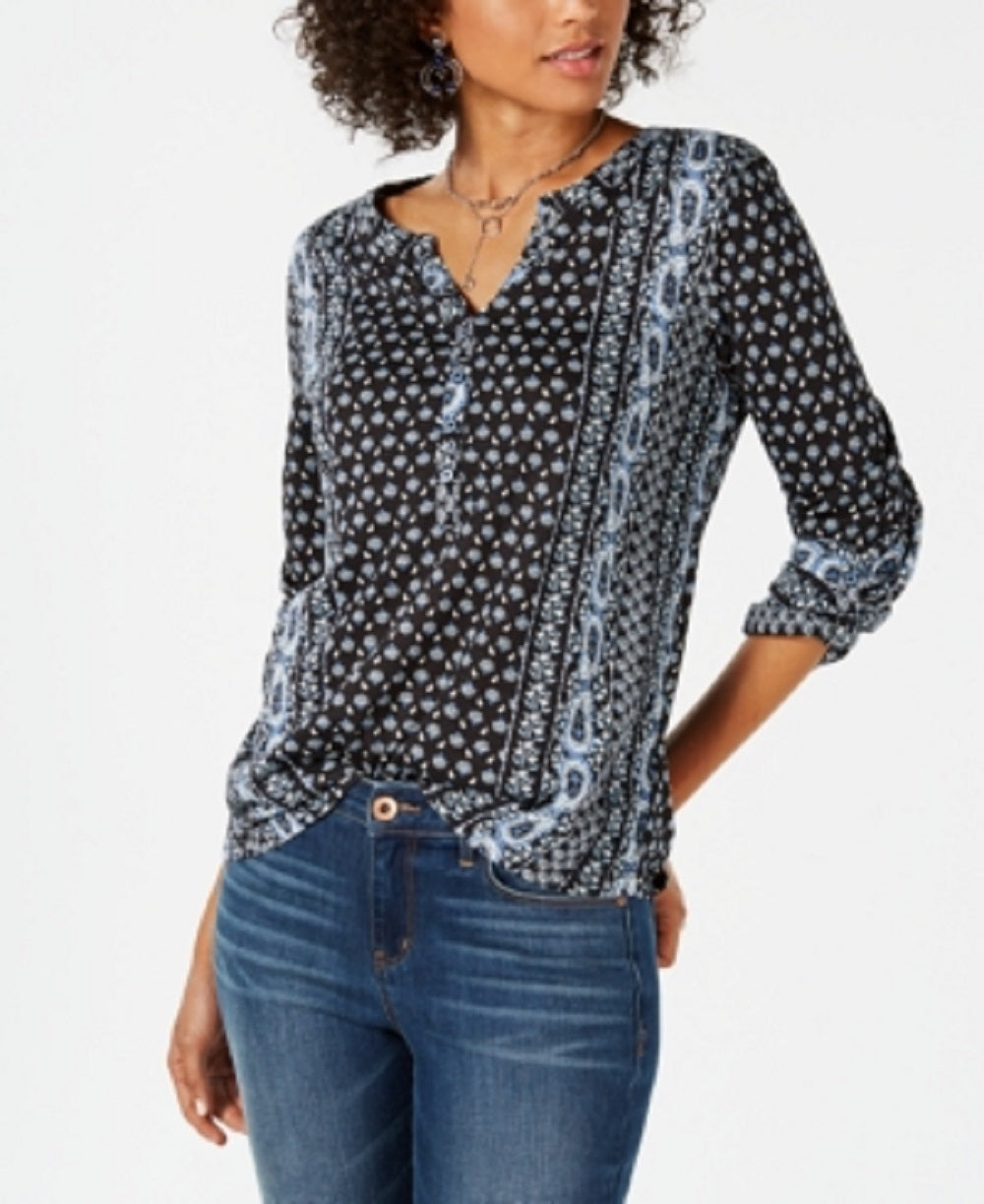 Style & Co Women's Printed Roll Tab Sleeve Top Black Size -PL