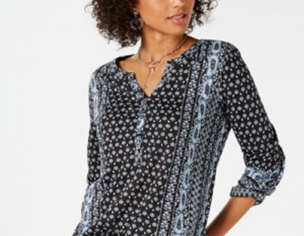 Style & Co Women's Printed Roll Tab Sleeve Top Black Size -PL