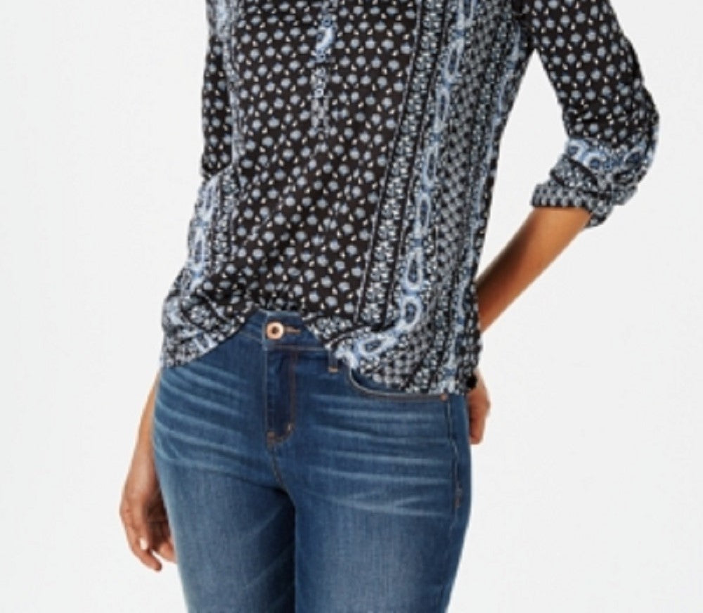 Style & Co Women's Printed Roll Tab Sleeve Top Black Size -PL