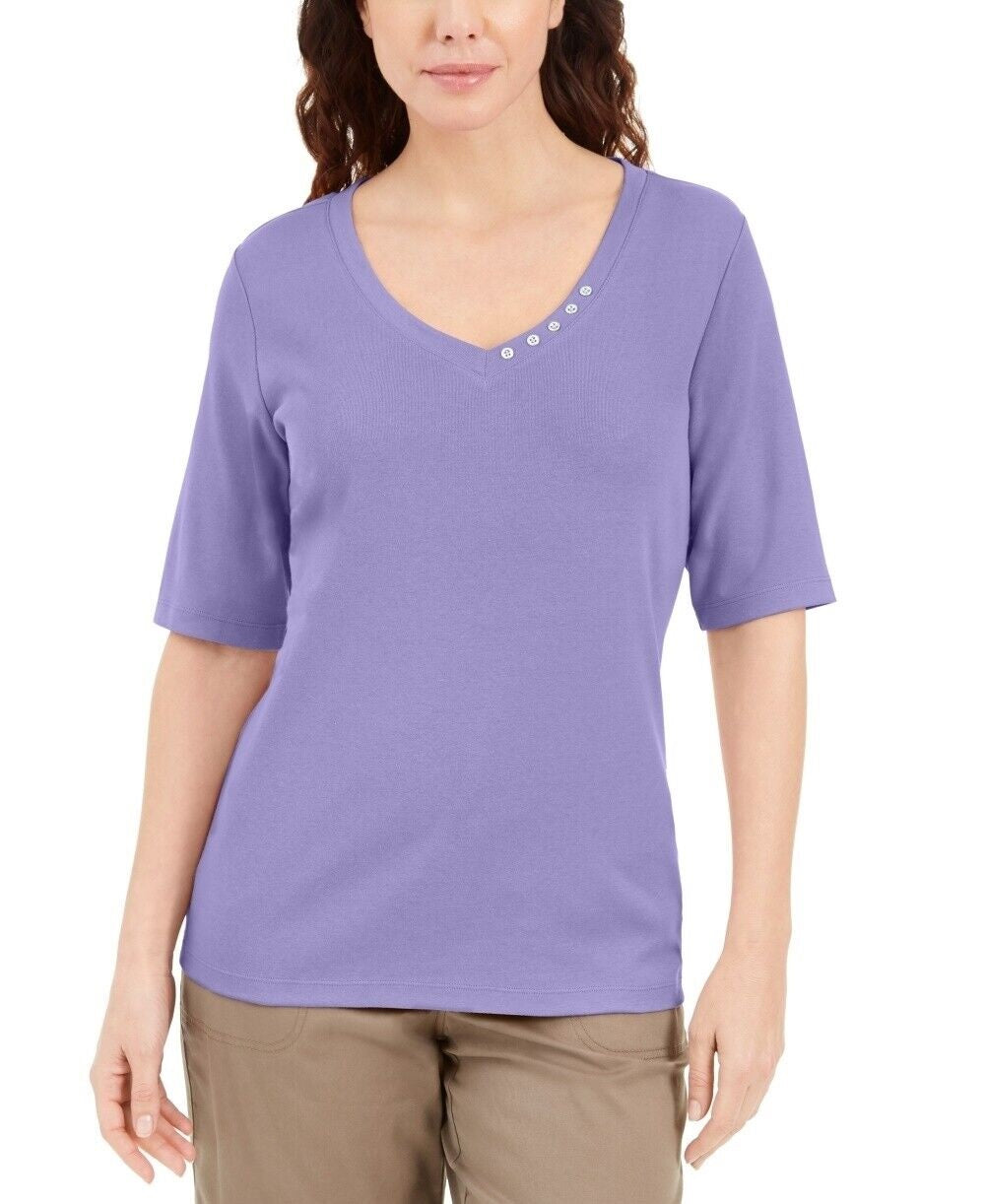 Karen Scott Women's Button Detail V Neck Top Purple Size Medium