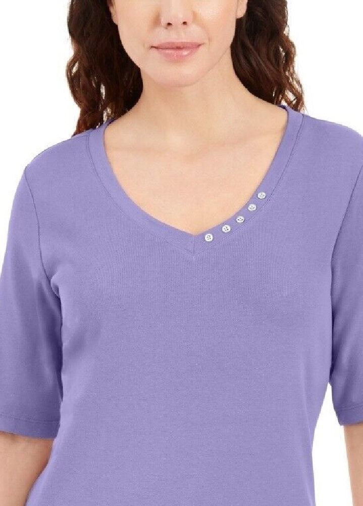 Karen Scott Women's Button Detail V Neck Top Purple Size Medium
