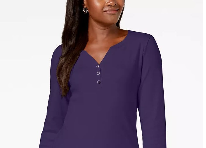 Karen Scott Women's Petite Cotton Henley-Neck Top Purple Size Medium