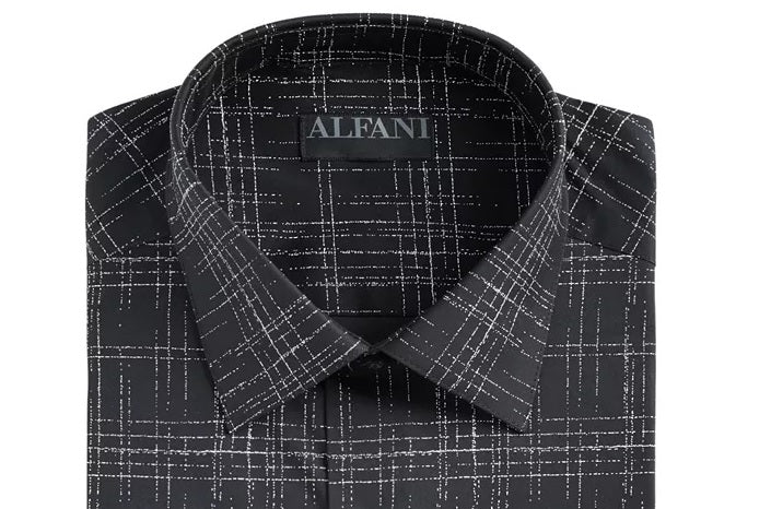 Alfani Men's Slim Non-Wrinkle Stretch Dress Shirt Navy White Size 14-14.5