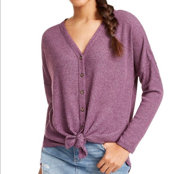 Ultra Flirt Junior's Waffle Knit Tie Front Top Purple Size X-Large