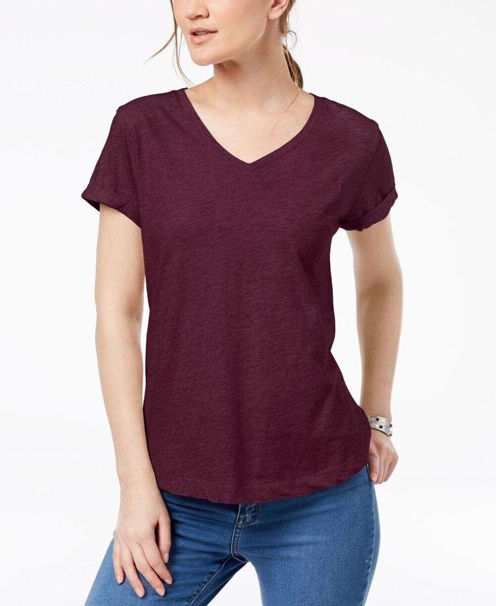 Style & Co Women's V Neck Pocket T-Shirt  Red Size PL