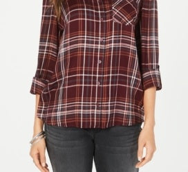 Style & Co Women's Plaid One-Pocket Shirt Wine/White Size XX-Large