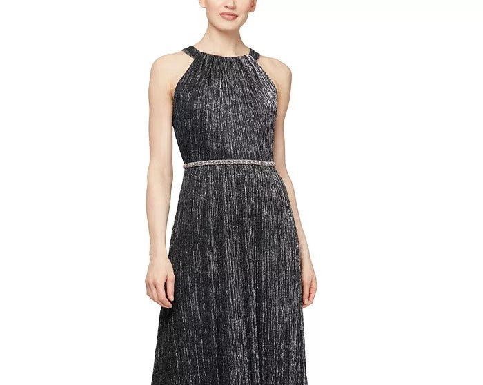 SL Fashions Women's Metallic Bead Maxi Dress Silver Size 6