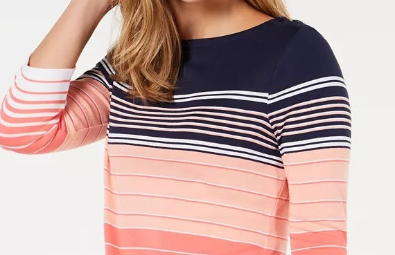 Charter Club Women's Pima Cotton Button-Shoulder Striped Top Pink Size Petite Medium
