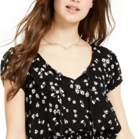 Ultra Flirt Junior's Printed Smocked Waist Peasant Blouse Black/Flowers  Size X-Small