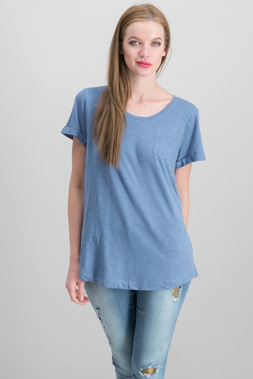 Style & Co Women's Cuffed-Sleeve Cotton T-Shirt Blue Size Small