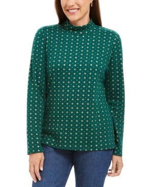 Karen Scott Women's Snowflake Dot Printed Mock-Neck Top Green Size Small