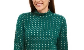 Karen Scott Women's Snowflake Dot Printed Mock-Neck Top Green Size Small