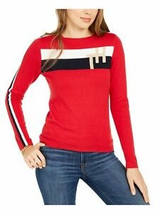 Tommy Hilfiger Women's Color Block Long Sleeve Crew Neck Sweater Red Size Medium
