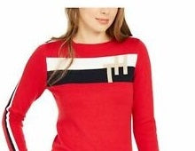 Tommy Hilfiger Women's Color Block Long Sleeve Crew Neck Sweater Red Size Medium