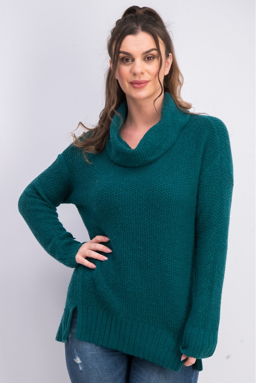 Style & Co Women's Cowl Neck Vented Hem Sweater Green Size PL