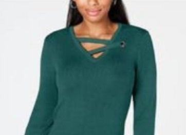 JM Collection Women's Petite Grommet-Trim V-Neck Top Green  Size PL