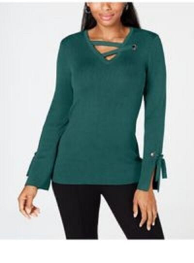 JM Collection Women's Petite Grommet-Trim V-Neck Top Green  Size PL