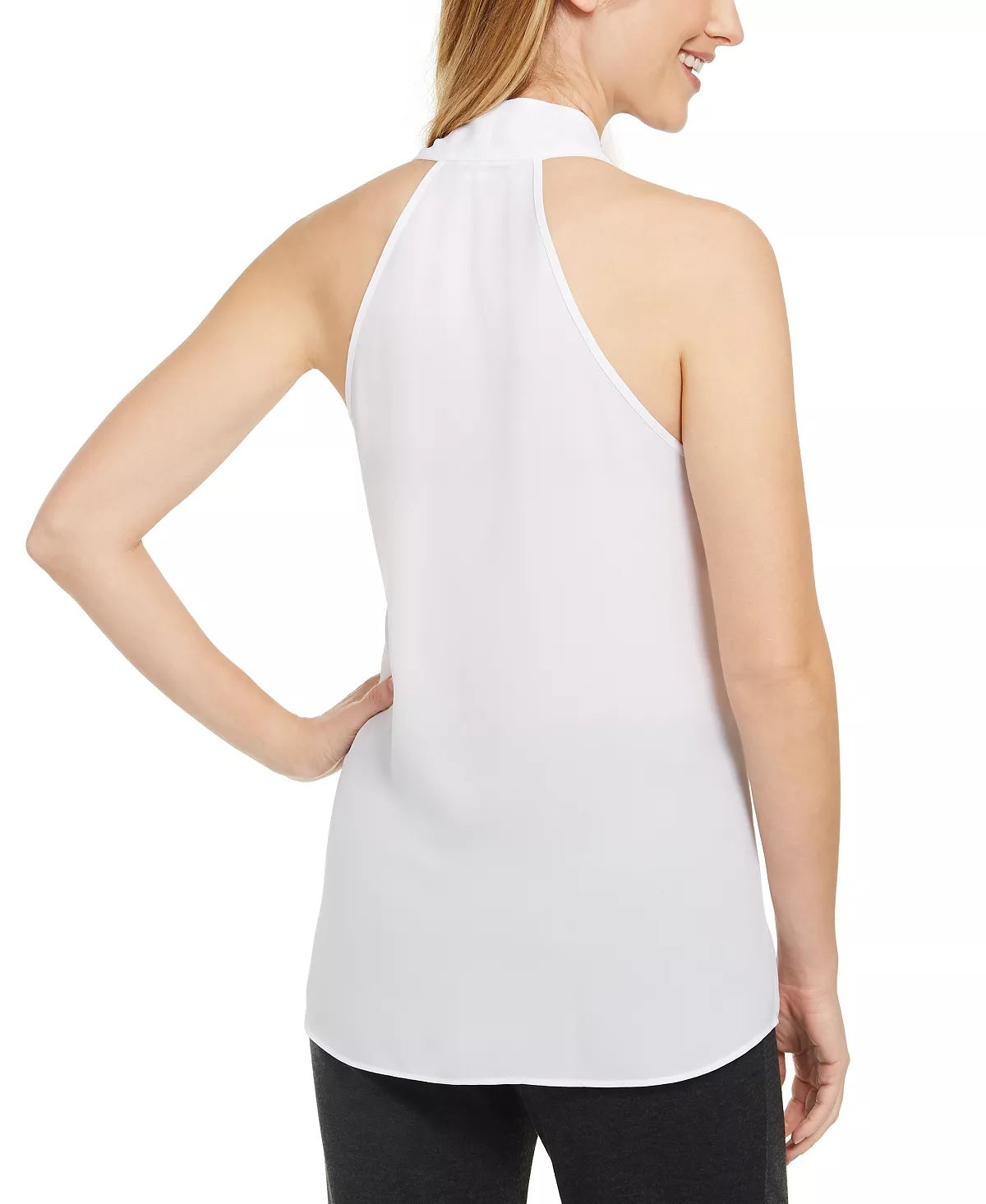 Calvin Klein Womens Slim Fit Tie Neck Sleeveless V Neck Top White Size Large