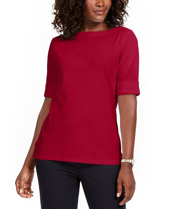 Karen Scott Women's Elbow Sleeve Stud Trim Tunic Red Size Small