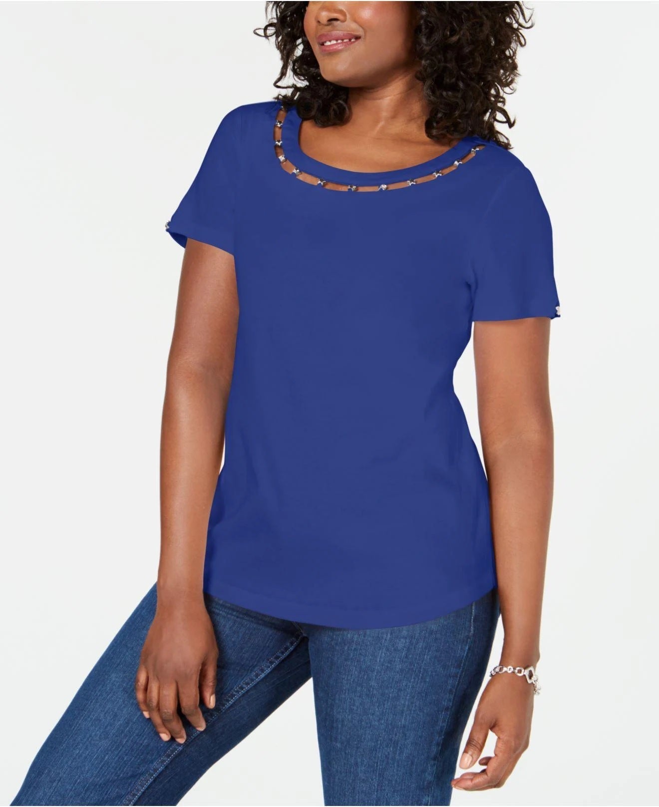 Karen Scott Women's Lattice Neck Embellished Cotton Top Blue  Size Medium