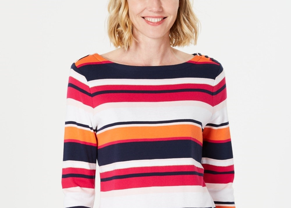 Charter Club Women's Pima Cotton Button-Shoulder Stripe Top Pink Size XX-Large