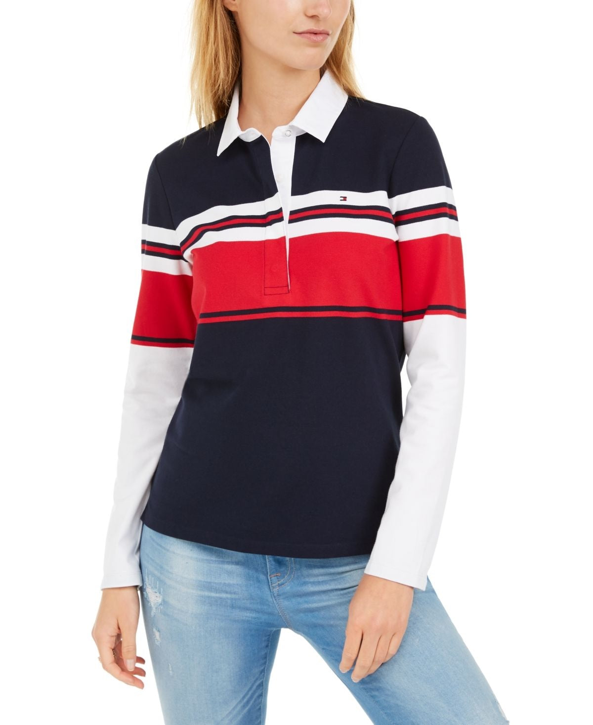 Tommy Hilfiger Women's Long-Sleeve Polo Shirt Red/Blue Size X-Small
