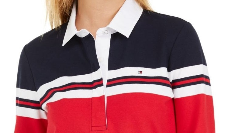 Tommy Hilfiger Women's Long-Sleeve Polo Shirt Red/Blue Size X-Small