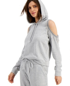 INC International Concepts Women's Cold-Shoulder Fringe Hoodie Grey Size Large