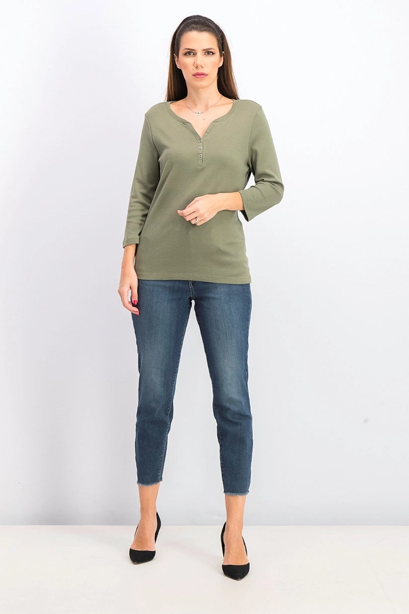 Karen Scott Women's Petite Cotton Henley-Neck Top Green  Olive Size Medium