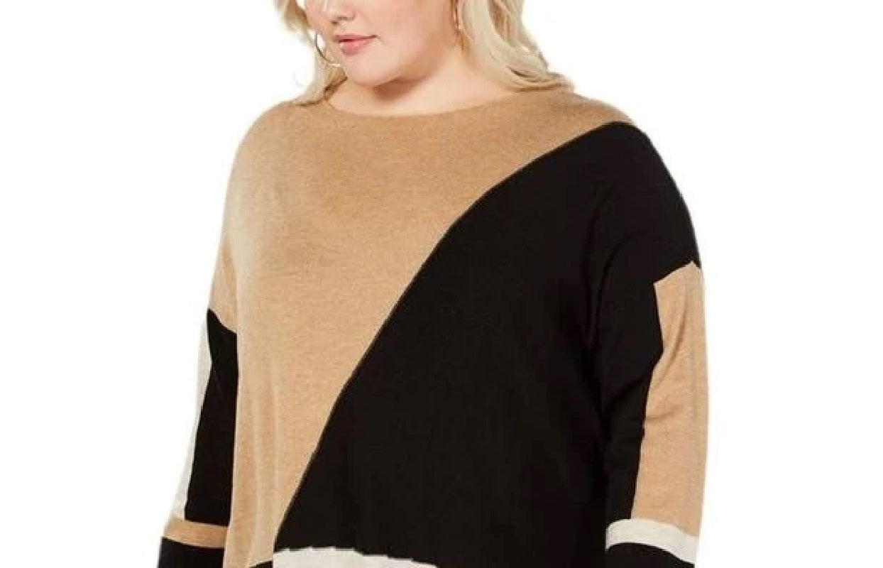 INC International Concepts Women's Plus Knit Colorblock Pullover Sweater Black Multi Size 0X
