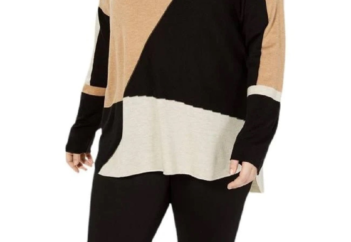 INC International Concepts Women's Plus Knit Colorblock Pullover Sweater Black Multi Size 0X