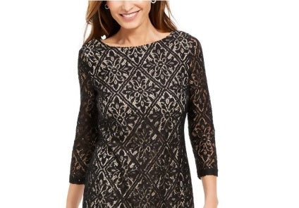 Jessica Howard Women's Sequined Lace 3/4 Sleeve Jewel Neck Short Wear To Work Sheath Dress Black  Size 14 P