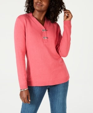Karen Scott Women's Hardware V Neck Cotton Sweater -PinkSize X-Small