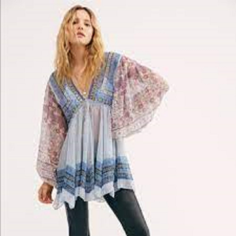 Free People Women's Aliyah Printed Tunic Blue Size X-Small