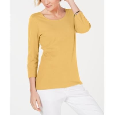 Karen Scott Women's Cotton 3/4 Sleeve Top Yellow  Size X-Small