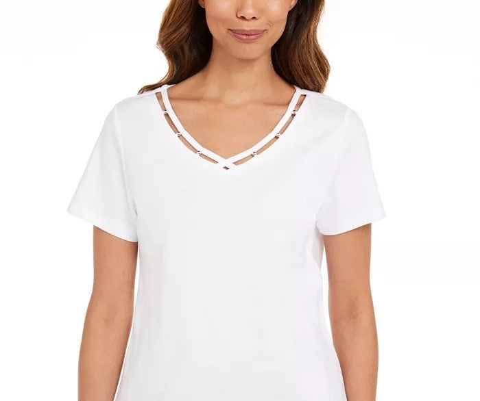 Karen Scott Women's Cotton Open Trim V Neck T-Shirt Pink Size Large