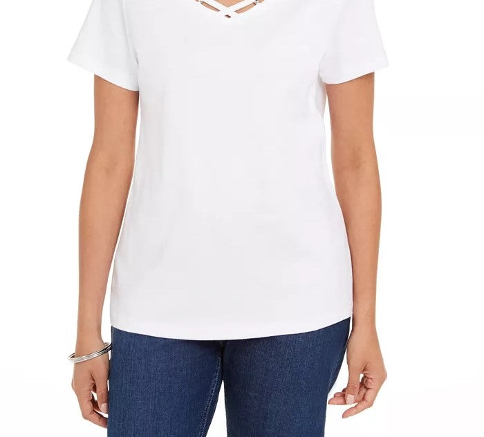 Karen Scott Women's Cotton Open Trim V Neck T-Shirt Pink Size Large