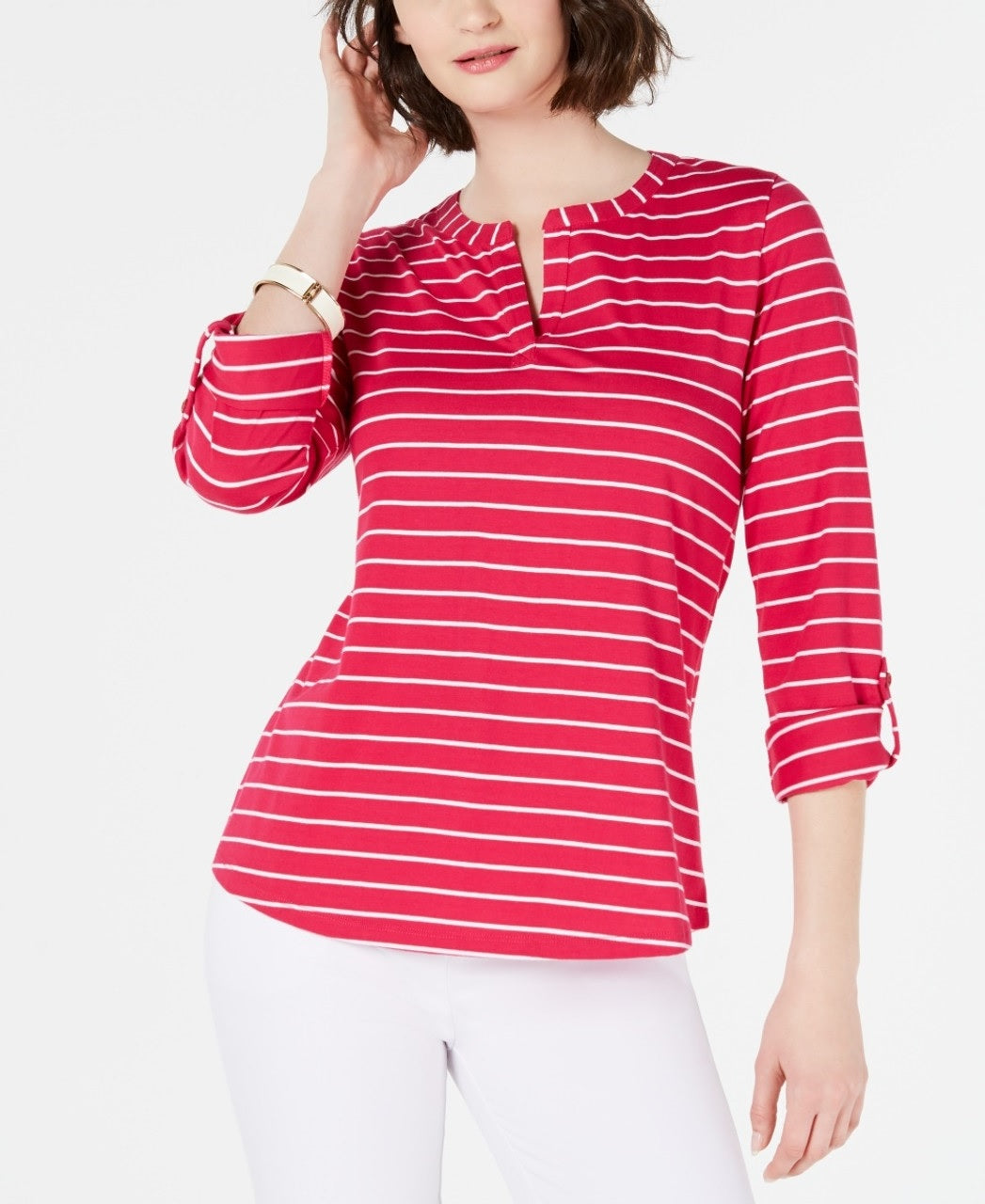 Charter Club Women's Striped Split-Neck Top Pink Size Petite XL