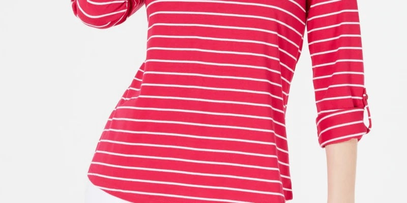 Charter Club Women's Striped Split-Neck Top Pink Size Petite XL