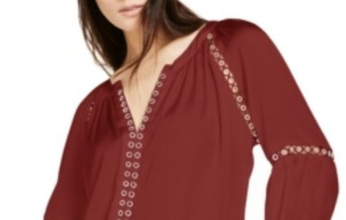 INC International Concepts Women's Grommet Trim Peasant Blouse Dark Red Size Small