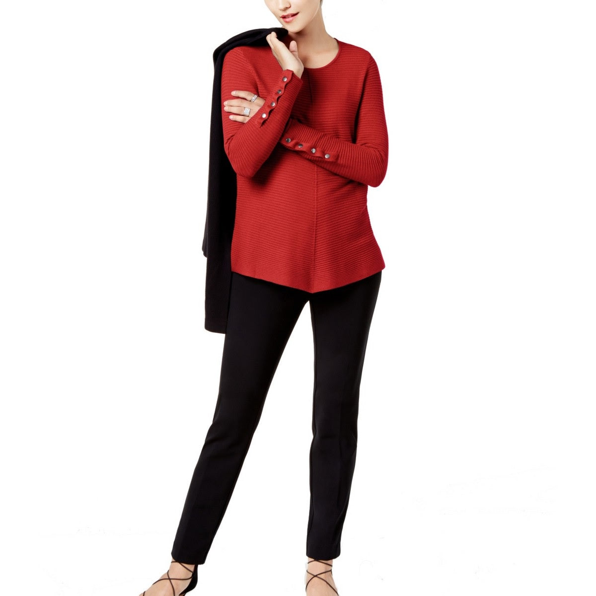 Alfani Women's Ribbed Snap Detail Sweater Red Size XX-Large