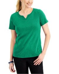 Karen Scott Women's Crochet Trim Split Neck Top Green  Size XX-Large