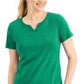 Karen Scott Women's Crochet Trim Split Neck Top Green  Size XX-Large